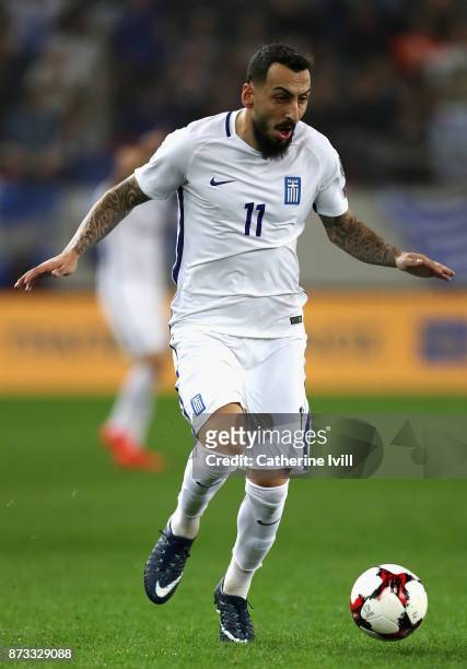 Kostas Mitroglou of Greece in action during the FIFA 2018 World Cup Qualifier Play-Off: Second Leg between Greece and Croatia at Karaiskakis Stadium...