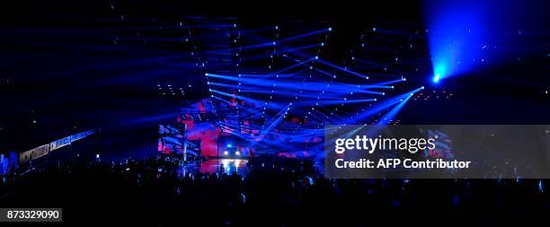 British grime and hip hop artist Stormzy performs during the 2017 MTV Europe Music Awards at Wembley Arena in London on November 12, 2017. / AFP...