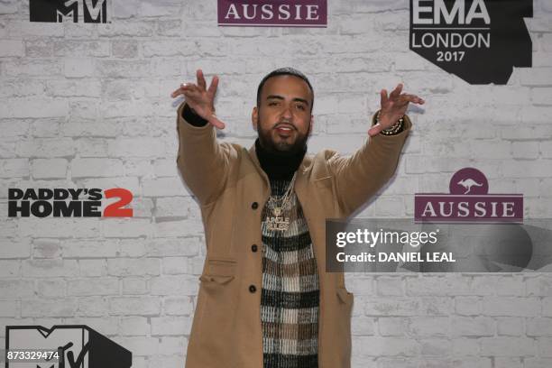 Moroccan hip-hop artist French Montana poses in the winners' area arriving to attend the 2017 MTV Europe Music Awards at Wembley Arena in London on...