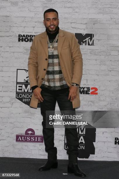 Moroccan hip-hop artist French Montana poses in the winners' area arriving to attend the 2017 MTV Europe Music Awards at Wembley Arena in London on...