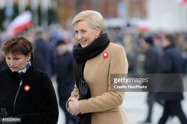 Wife of Polish presdient Andrzej Duda, Agata Kornhauser-Duda is seen leaving a ceremony on Independence Day on November 11, 2017.