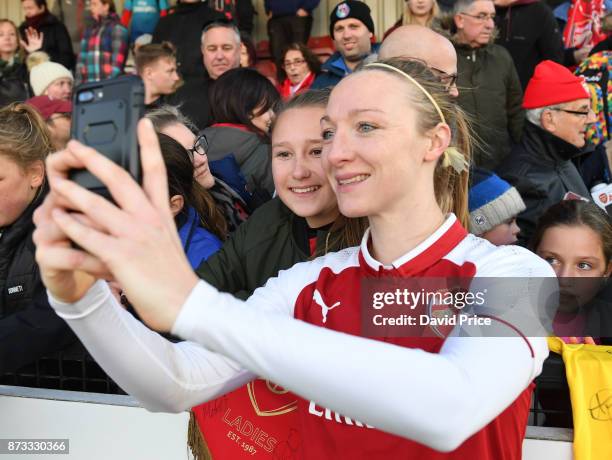 Louise Quinn of Arsenal with the fans after the WSL match between Arsenal Women and Sunderland on November 12, 2017 in Borehamwood, United Kingdom.