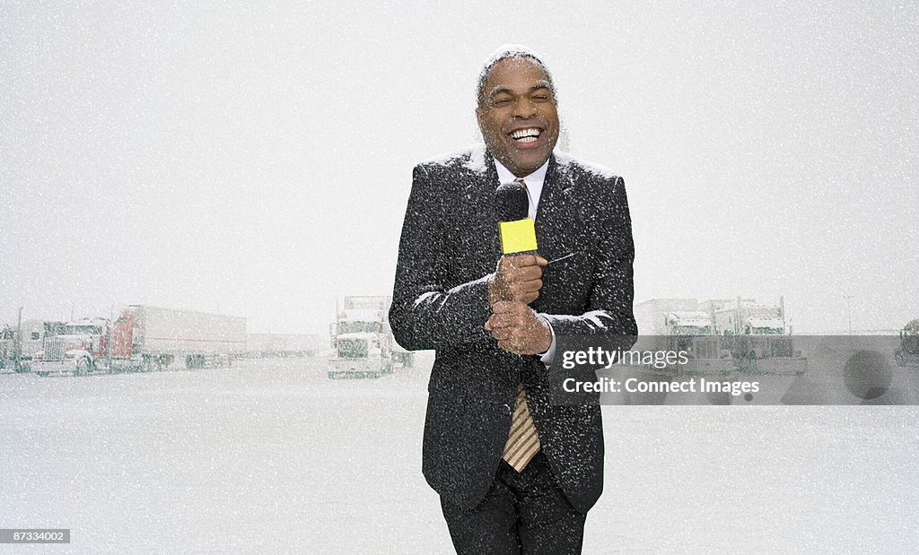 News presenter in snow