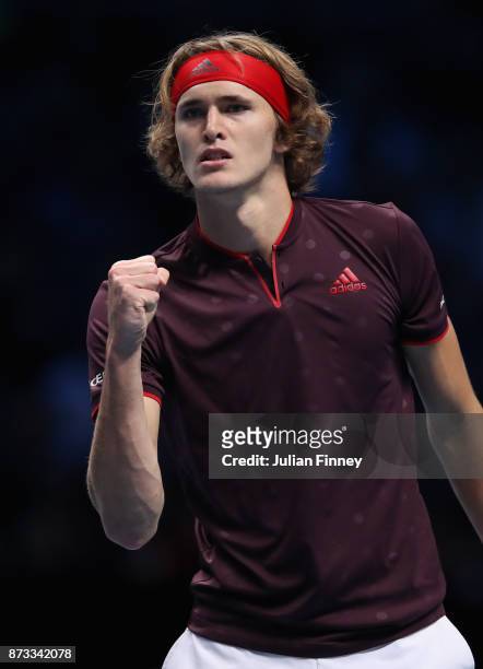 Alexander Zverev of Germany celebrates a point in his match against Marin Cilic of Croatia during day one of the Nitto ATP World Tour Finals tennis...