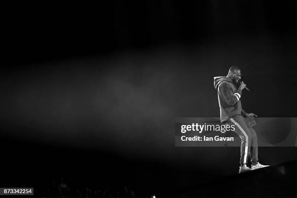 Rapper Stormzy performs on stage during the MTV EMAs 2017 held at The SSE Arena, Wembley on November 12, 2017 in London, England.