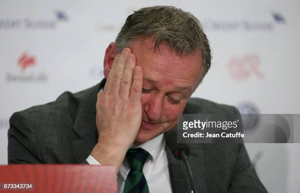 Coach of Northern Ireland Michael O'Neill answers to the media following the FIFA 2018 World Cup Qualifier Play-Off: Second Leg between Switzerland...