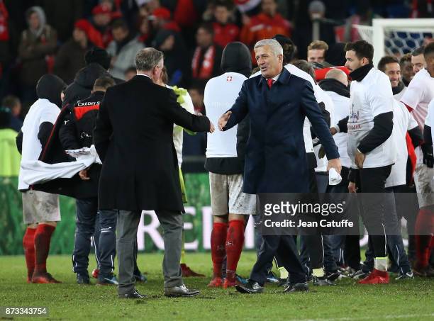 Coach of Switzerland Vladimir Petkovic greets coach of Northern Ireland Michael O'Neill following the FIFA 2018 World Cup Qualifier Play-Off: Second...