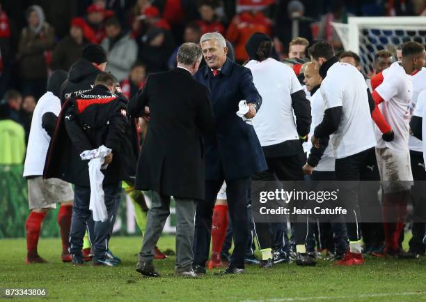 Coach of Switzerland Vladimir Petkovic greets coach of Northern Ireland Michael O'Neill following the FIFA 2018 World Cup Qualifier Play-Off: Second...