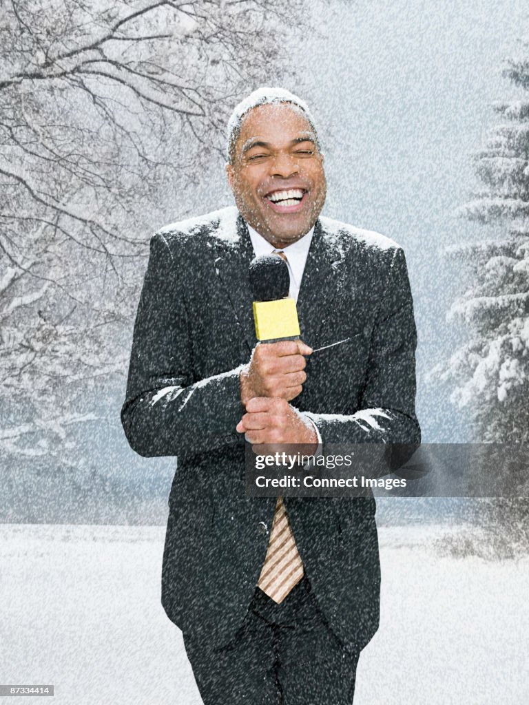 News presenter in snow