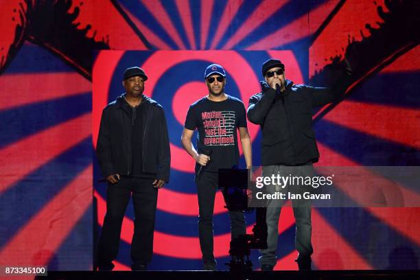 Rap-Rock supergroup Chuck D, Tom Morello and B-Real of Prophets of Rage present the award for Best Hip Hop on stage during the MTV EMAs 2017 held at...