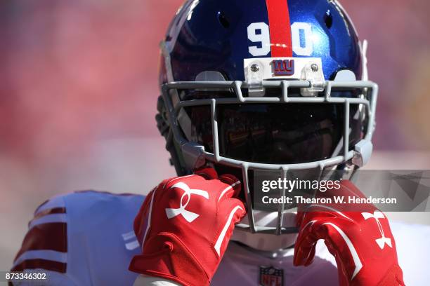 Jason Pierre-Paul of the New York Giants warms up prior to their game against the San Francisco 49ers at Levi's Stadium on November 12, 2017 in Santa...
