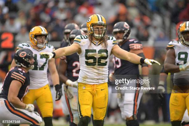 Clay Matthews of the Green Bay Packers reacts to a play in the second quarter against the Chicago Bears at Soldier Field on November 12, 2017 in...