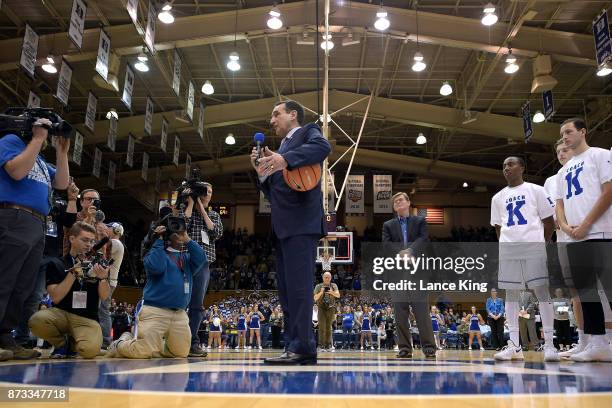 Head coach Mike Krzyzewski of the Duke Blue Devils address the fans following their 99-69 win against the Utah Valley Wolverines at Cameron Indoor...