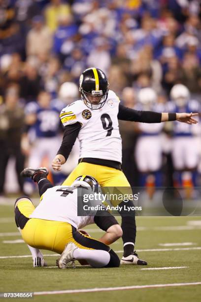 Chris Boswell of the Pittsburgh Steelers kicks a game-winning field goal against the Indianapolis Colts during the second half at Lucas Oil Stadium...