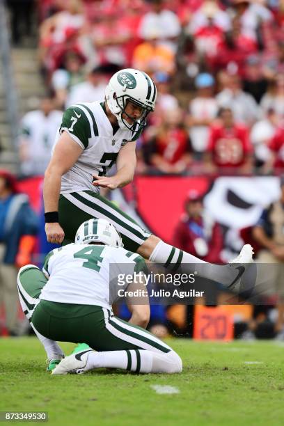 Kicker Chandler Catanzaro of the New York Jets scores an extra point late in the fourth quarter on November 12, 2017 at Raymond James Stadium in...