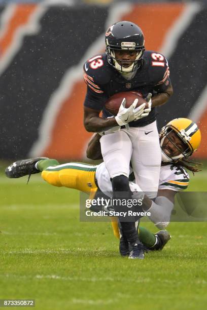 Davon House of the Green Bay Packers attempts to tackle Kendall Wright of the Chicago Bears in the first quarter at Soldier Field on November 12,...