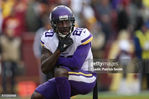 Cornerback Mackensie Alexander of the Minnesota Vikings celebrates deflecting a pass during the fourth quarter against the Washington Redskins at...