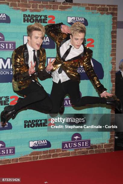 Irish duo John and Edward Grimes, AKA Jedward attend the MTV EMAs 2017 at The SSE Arena, Wembley on November 12, 2017 in London, England.
