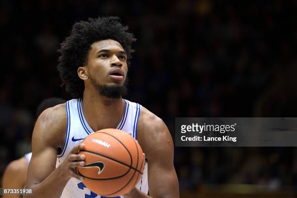 Marvin Bagley III of the Duke Blue Devils concentrates at the free-throw line against the Utah Valley Wolverines at Cameron Indoor Stadium on...