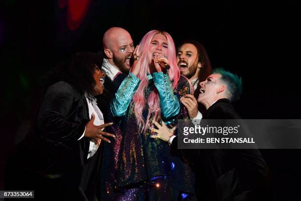 Singer-songwriter Kesha performs during the 2017 MTV Europe Music Awards at Wembley Arena in London on November 12, 2017.