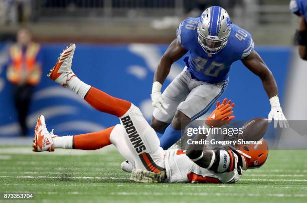 Jarrad Davis of the Detroit Lions breaks up a pass intended for David Njoku of the Cleveland Browns during the first half at Ford Field on November...
