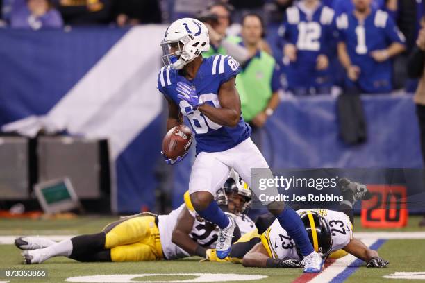 Chester Rogers of the Indianapolis Colts runs with the ball against the Pittsburgh Steelers during the first half at Lucas Oil Stadium on November...