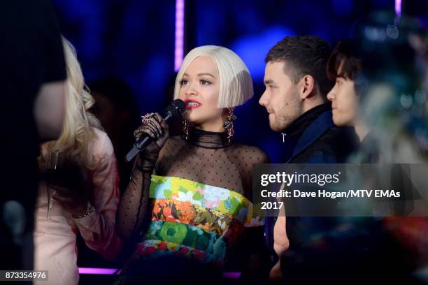 Rita Ora and Liam Payne pose in the glamour pit during the MTV EMAs 2017 held at The SSE Arena, Wembley on November 12, 2017 in London, England.