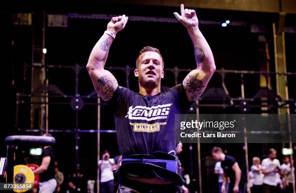 Kevin Winkens of CrossFit Vitus celebrates during day two of the German Throwdown 2017 at Halle 45 on November 12, 2017 in Mainz, Germany.