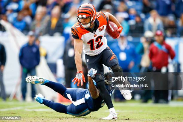 Wide Receiver Alex Erickson of the Cincinnati Bengals carries the ball against the Tennessee Titans at Nissan Stadium on November 12, 2017 in...