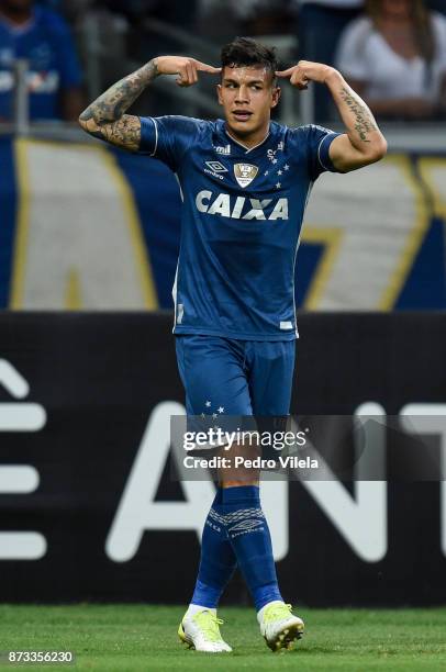 Lucas Romero of Cruzeiro celebrates a scored goal against Fluminense during a match between Cruzeiro and Fluminense as part of Brasileirao Series A...