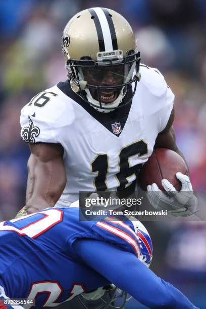 Brandon Coleman of the New Orleans Saints is hit by Shareece Wright of the Buffalo Bills during the second quarter on November 12, 2017 at New Era...