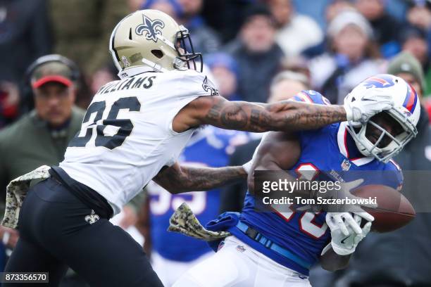Williams of the New Orleans Saints blocks a pass intended for Deonte Thompson of the Buffalo Bills during the second quarter on November 12, 2017 at...