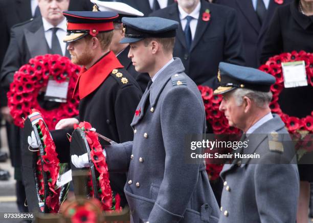 Prince Charles, Prince of Wales, Prince William, Duke of Cambridge and Prince Harry during the annual Remembrance Sunday Service at The Cenotaph on...