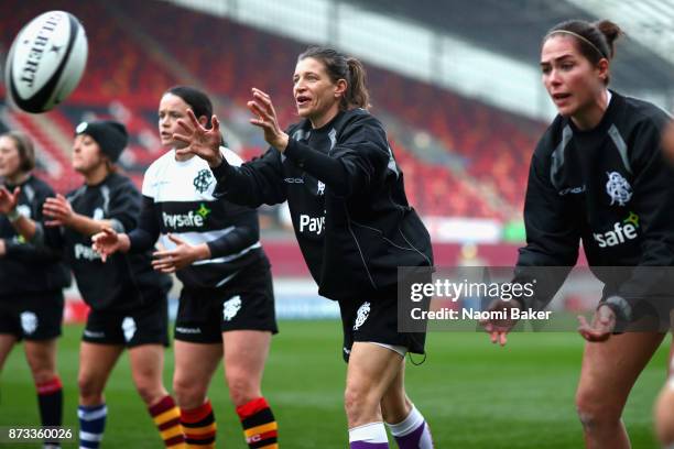 Christelle Le Duff warms up prior to the Inaugural Representative Match between Barbarians Women's RFC and Munster Women, on November 10, 2017 in...