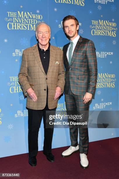 Christopher Plummer and Dan Stevens attend "The Man Who Invented Christmas" New York screening at Florence Gould Hall on November 12, 2017 in New...