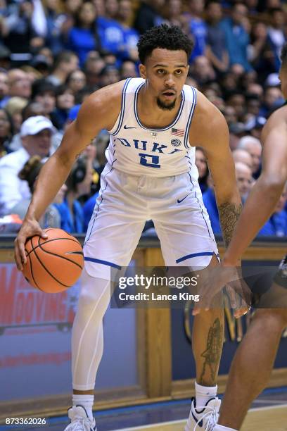 Gary Trent, Jr. #2 of the Duke Blue Devils dribbles the ball against the Utah Valley Wolverines at Cameron Indoor Stadium on November 11, 2017 in...