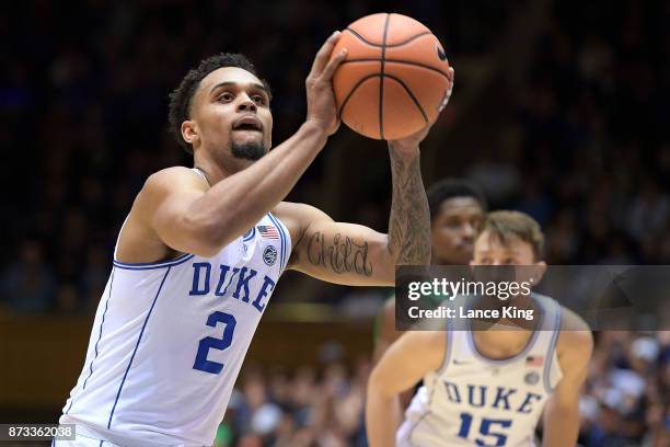 Gary Trent, Jr. #2 of the Duke Blue Devils concentrates at the free-throw line against the Utah Valley Wolverines at Cameron Indoor Stadium on...