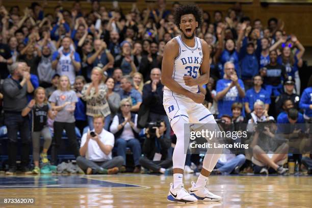 Marvin Bagley III of the Duke Blue Devils reacts during their game against the Utah Valley Wolverines at Cameron Indoor Stadium on November 11, 2017...