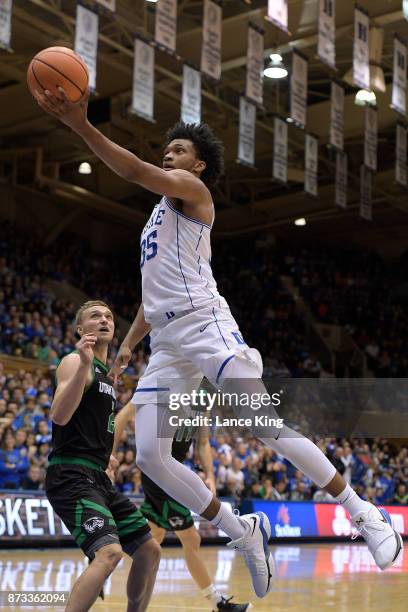 Marvin Bagley III of the Duke Blue Devils goes to the basket against the Utah Valley Wolverines at Cameron Indoor Stadium on November 11, 2017 in...