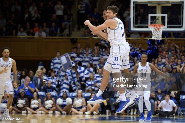 Grayson Allen and Trevon Duval of the Duke Blue Devils react during their game against the Utah Valley Wolverines at Cameron Indoor Stadium on...
