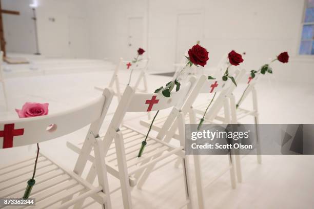 The First Baptist Church of Sutherland Springs is turned into a memorial to honor those who died on November 12, 2017 in Sutherland Springs, Texas....