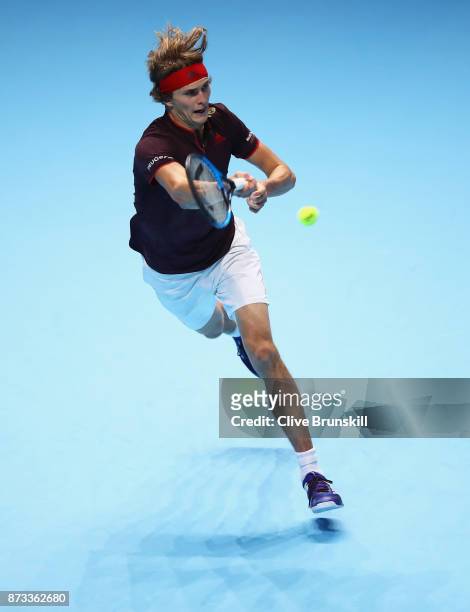 Alexander Zverev of Germany plays a forehand against Marin Cilic of Croatia during the Nitto ATP World Tour Finals at O2 Arena on November 12, 2017...