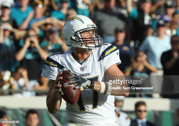 Philip Rivers of the Los Angeles Chargers looks to throw a pass in the second half of their game against the Jacksonville Jaguars at EverBank Field...