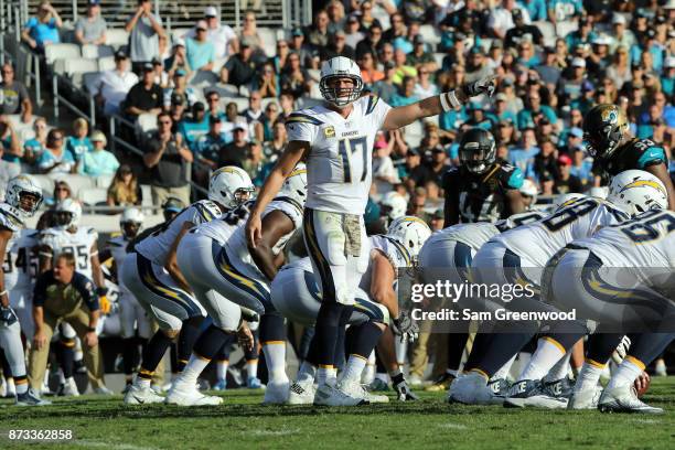 Philip Rivers of the Los Angeles Chargers calls a play in the second half of their game against the Jacksonville Jaguars at EverBank Field on...