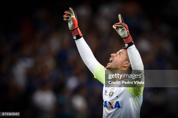 Fabio of Cruzeiro celebrates a scored goal against Fluminense during a match between Cruzeiro and Fluminense as part of Brasileirao Series A 2017 at...