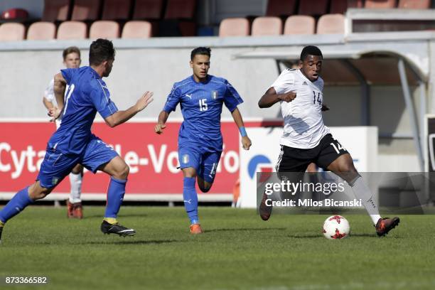 Evina Franck of Germany in action againstRizzo Pinna Andrea of Italy during the Germany vs Italy U18 friendly match at Ammochostos Stadium at Larnaca...