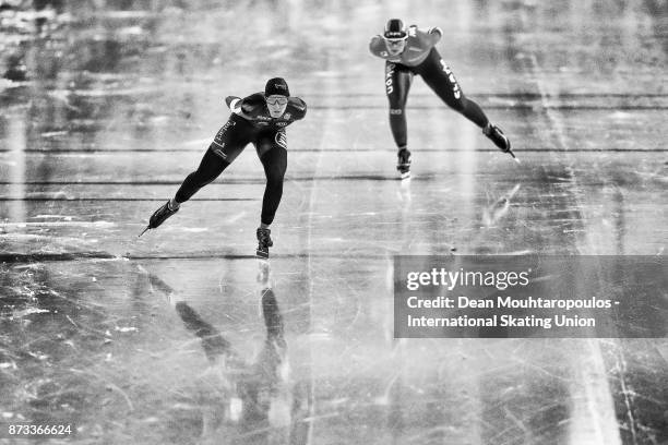 Ivanie Blondin of Canada and Irene Schouten of the Netherlands compete in the 3000m Womens race on day three during the ISU World Cup Speed Skating...