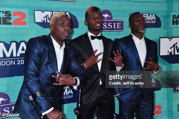 Manchester United's Paul Pogba and his brothers Florentin Pogba and Mathias Pogba attend the MTV EMAs 2017 held at The SSE Arena, Wembley on November...
