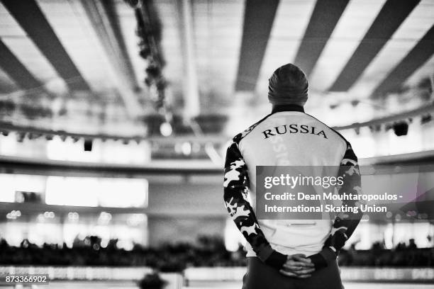 Ruslan Murashov of Russia looks on before he competes in the Mens 500m race on day two during the ISU World Cup Speed Skating held at Thialf on...