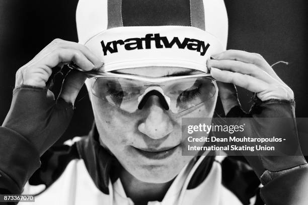 Yekaterina Shikhova of Russia gets ready to compete in the Womens 1000m race on day three during the ISU World Cup Speed Skating held at Thialf on...